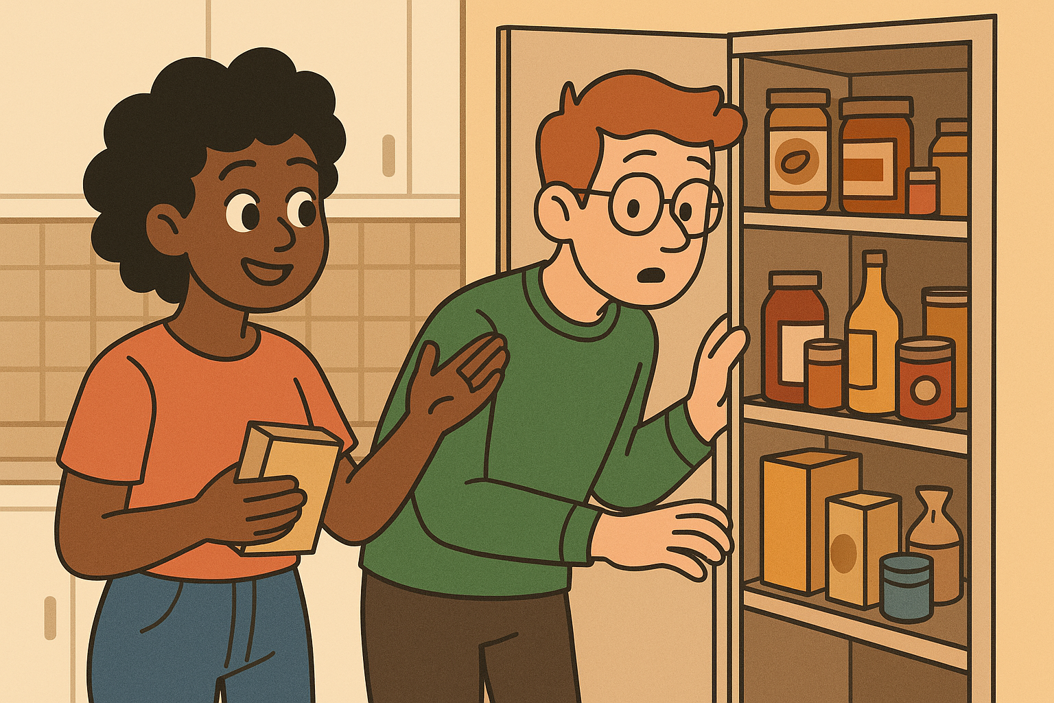 Roommates checking their shared pantry